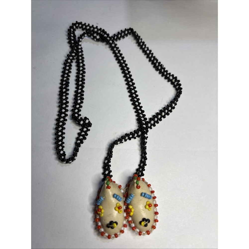 Vintage Miniature Beaded Moccasin Necklace Leather Seed Bead Folk Art Souvenir